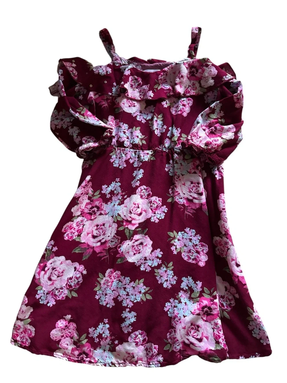 Girls Justice Tunic Dress Sz 10 Burgundy Floral Cold Shoulder Sequins EUC Fall